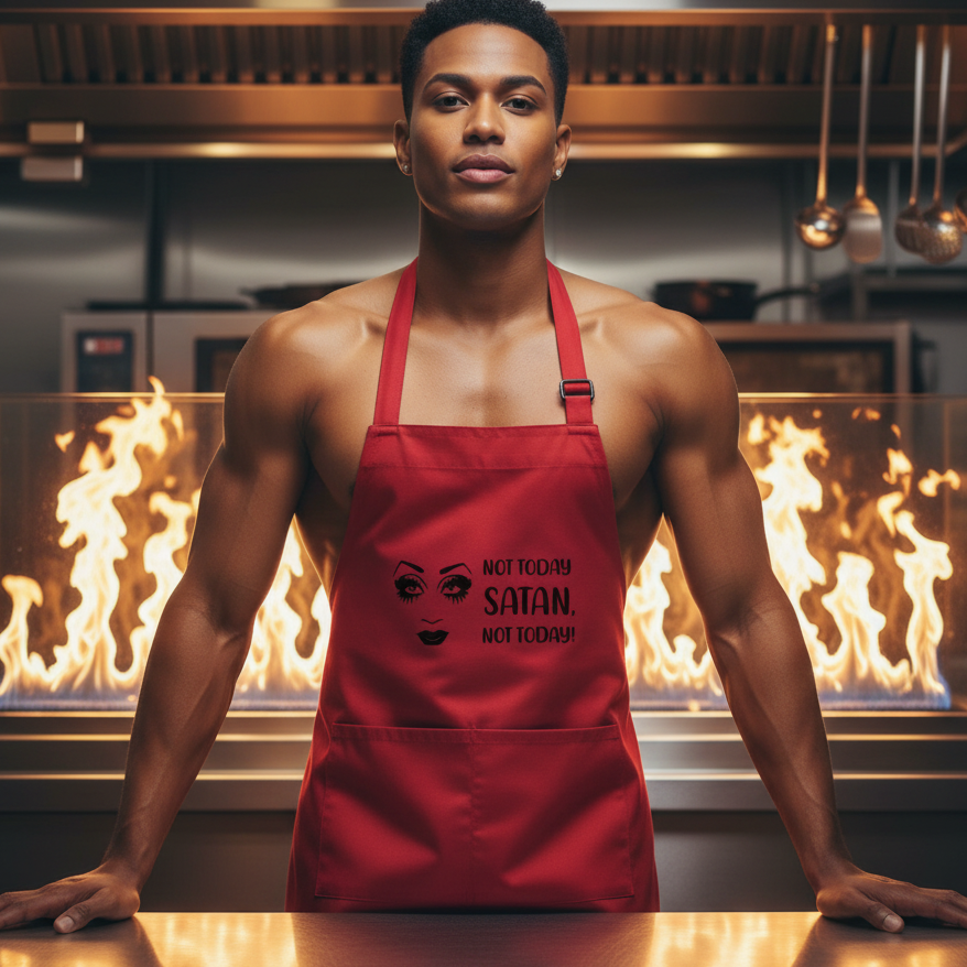 A shirtless man in a bright red Not Today Satan organic cotton apron stands confidently in a commercial kitchen, embodying queer pride and empowerment with style and self-expression.