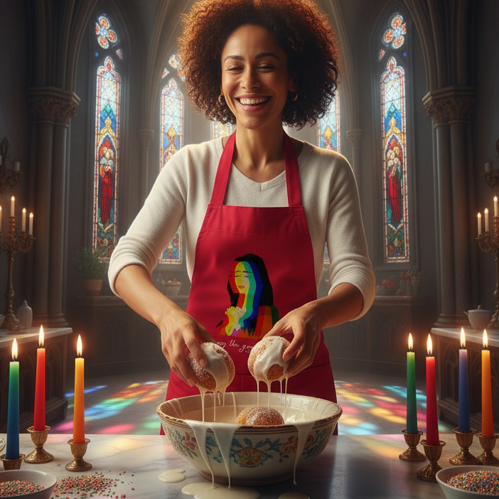 A woman in a vibrant Pray The Gay To Stay organic cotton apron joyfully pours glaze over doughnuts, surrounded by rainbow candles, embodying vibrant LGBTQIA+ pride and culinary empowerment.