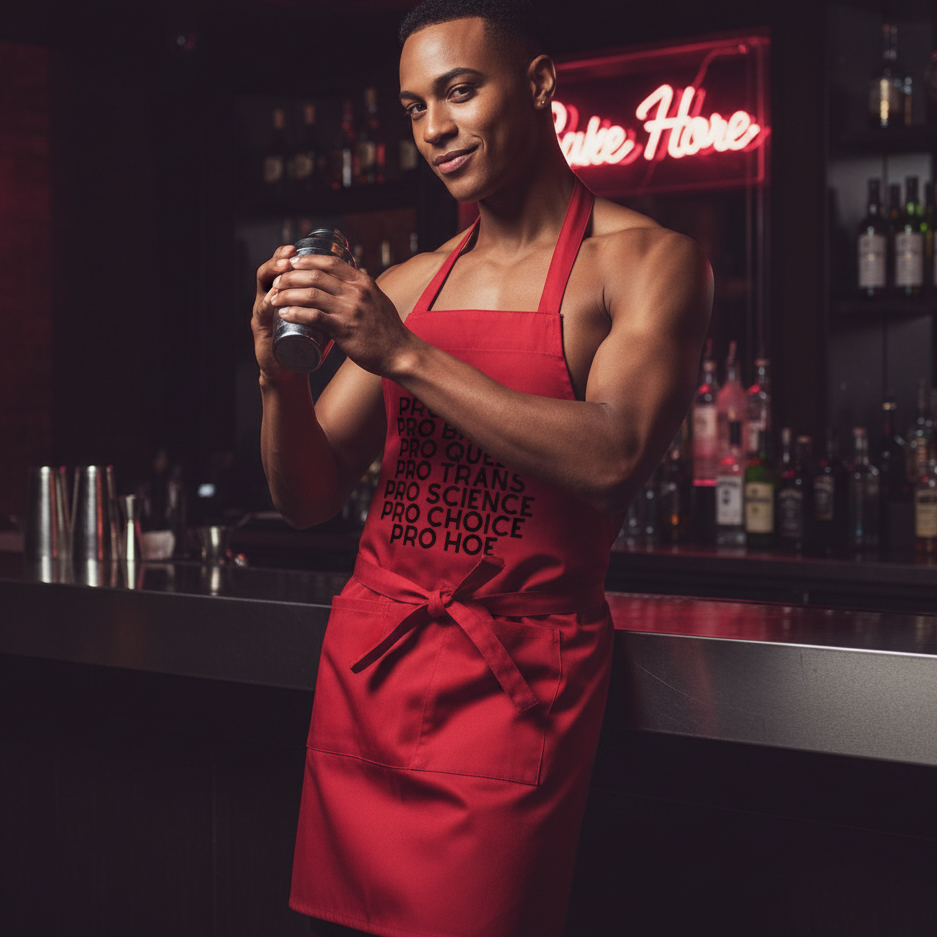 Bartender in a bright red Pro Hoe apron mixes a cocktail. Apron showcases pride and empowerment with bold text, made from organic cotton, embodying queer visibility and self-expression.