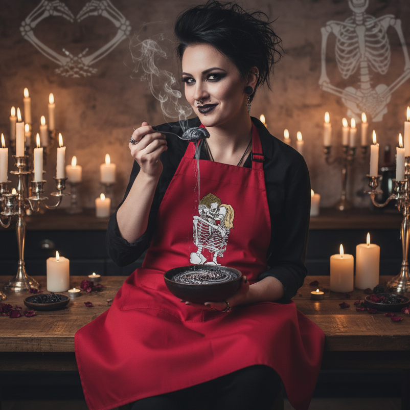 Young woman in a gothic style wears a Queer Skeletons Organic Cotton Apron, featuring a playful skeleton graphic, amidst a candlelit, spooky kitchen scene, embodying queer pride and self-expression.