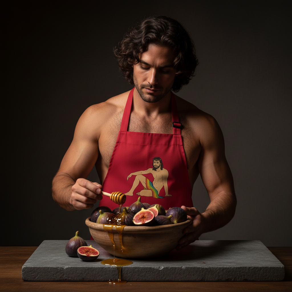 A muscular man in a Sexy Gay Jesus Organic Cotton Apron drizzles honey over figs, embodying pride and empowerment in a kitchen setting, with the apron showcasing vibrant queer art.