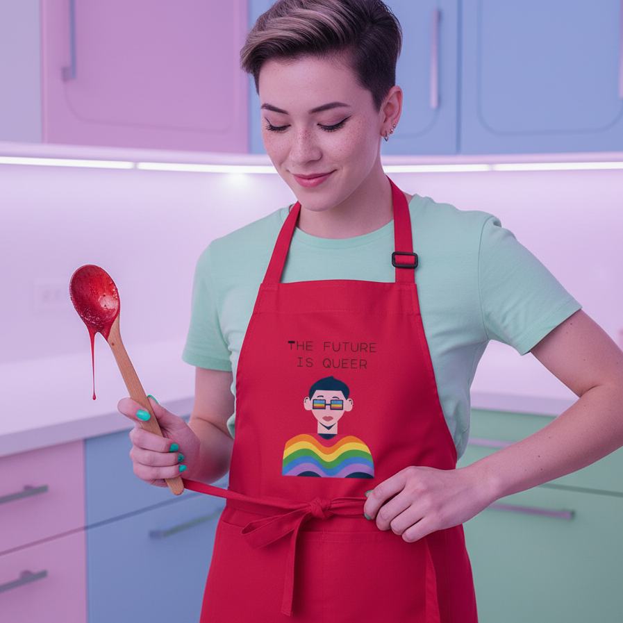 A person in a red apron reading “THE FUTURE IS QUEER” with rainbow stripes, holding a wooden spoon, embodies empowerment and pride in the stylish, inclusive Future Is Queer Organic Cotton Apron.