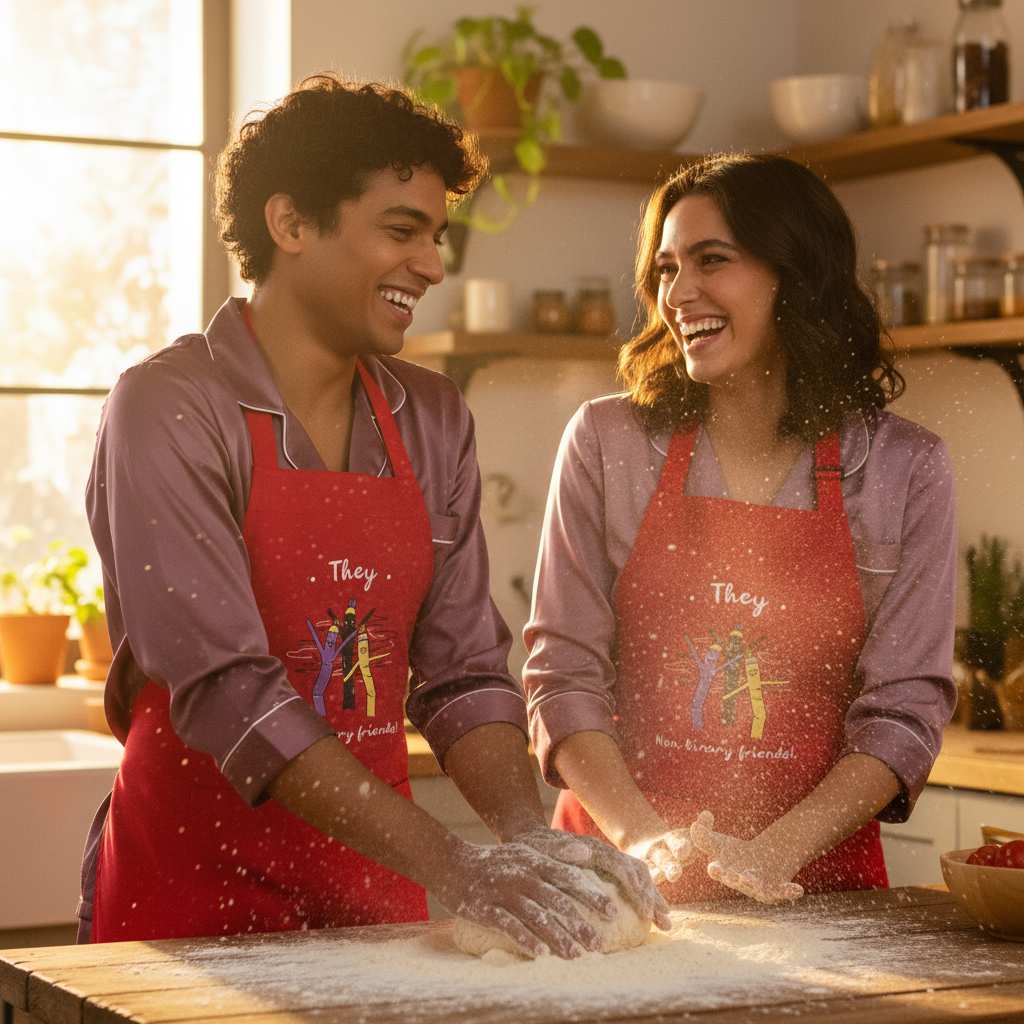 Two people joyfully knead dough at a kitchen island, wearing They Non-Binary Friends Organic Cotton Aprons in vivid red, embodying queer pride and self-expression in a sunlit, cozy kitchen setting.