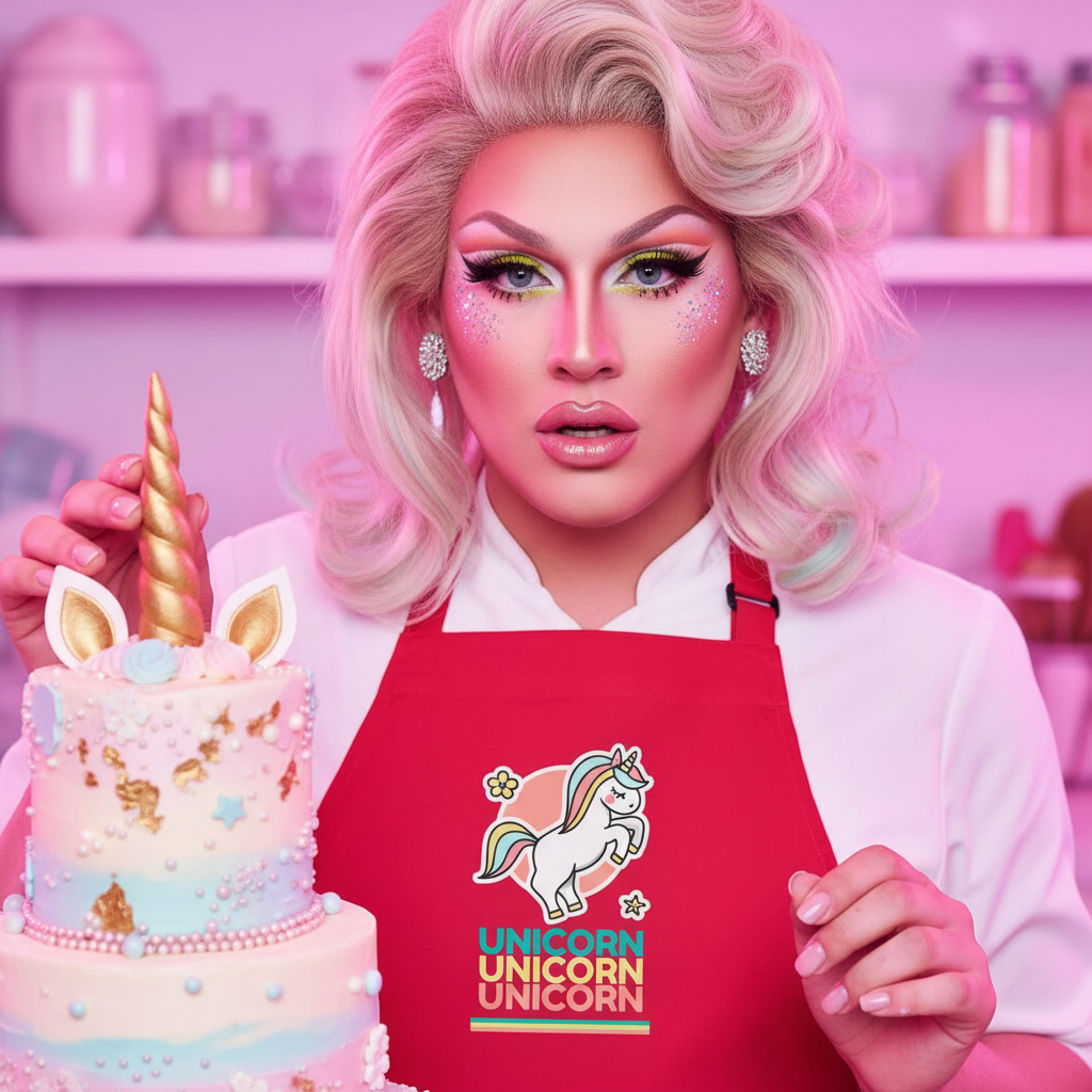 Person in full drag makeup and pastel-pink wig, wearing the Unicorn Unicorn Unicorn Organic Cotton Apron, stands in a whimsical kitchen, showcasing a unicorn-themed cake, embodying vibrant queer pride and self-expression.