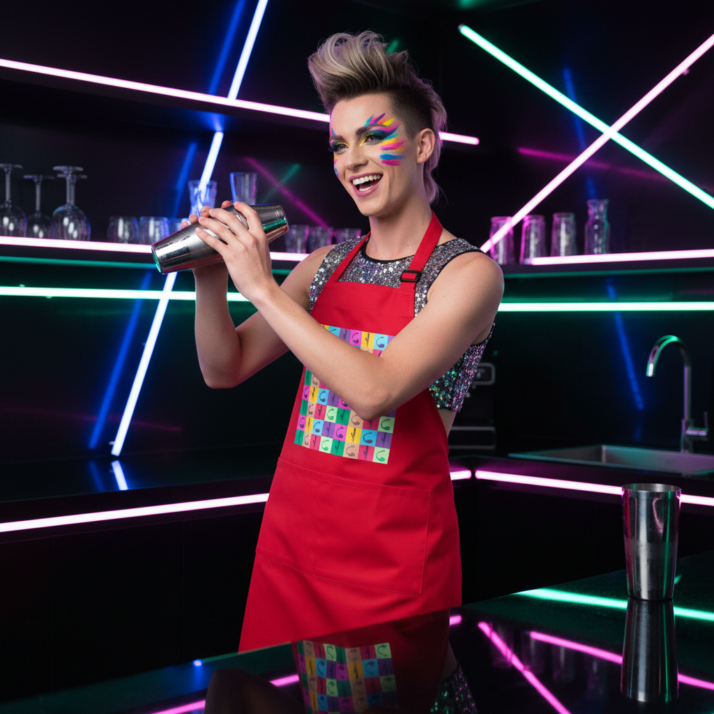 A person in a Vibrator Pop Art Organic Cotton Apron joyfully shakes a cocktail shaker behind a neon-lit bar, embodying bold queer energy with rainbow face paint and a sequined top.