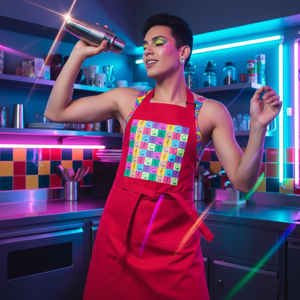 Person in a vibrant kitchen wearing the Vibrator Pop Art Organic Cotton Apron, showcasing queer pride with its bold multicolored square pattern, embodying playful confidence and joyful self-expression while mixing a cocktail.
