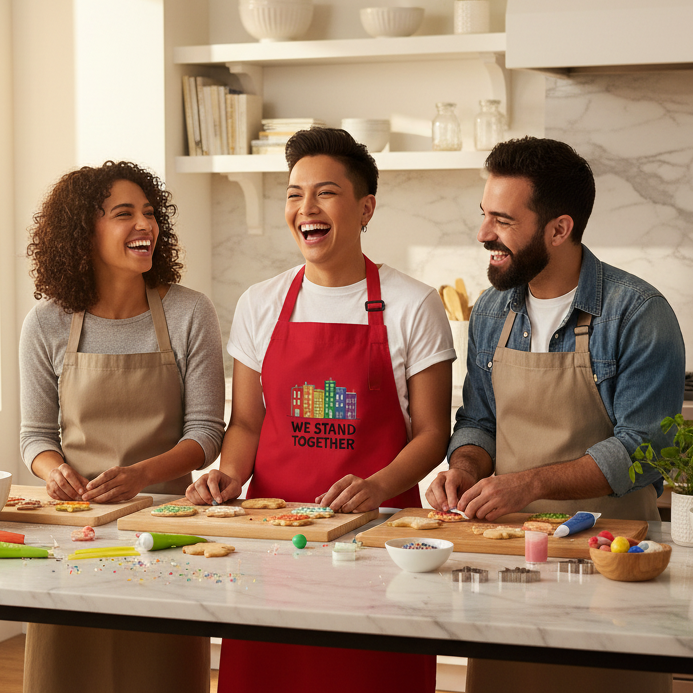 Three friends joyfully decorate cookies, with the central figure proudly wearing the We Stand Together Organic Cotton Apron, showcasing vibrant cityscape and empowering queer pride in a lively kitchen scene.