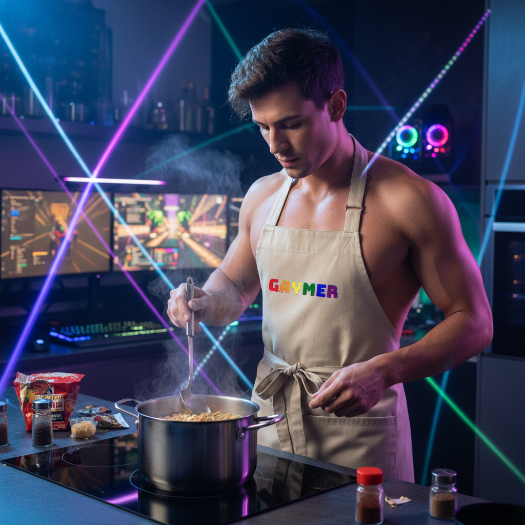 A muscular man in a GAYMER apron stirs noodles at a gaming-themed kitchen counter, showcasing the Gaymer Organic Cotton Apron, embodying queer pride and self-expression from Queer In The World.