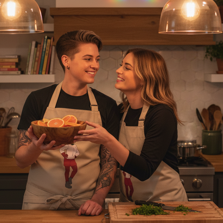 Two people in a kitchen wear Sporty Dyke Organic Cotton Aprons, embodying pride and empowerment. A cozy scene with grapefruits and herbs showcases confidence and culinary flair.