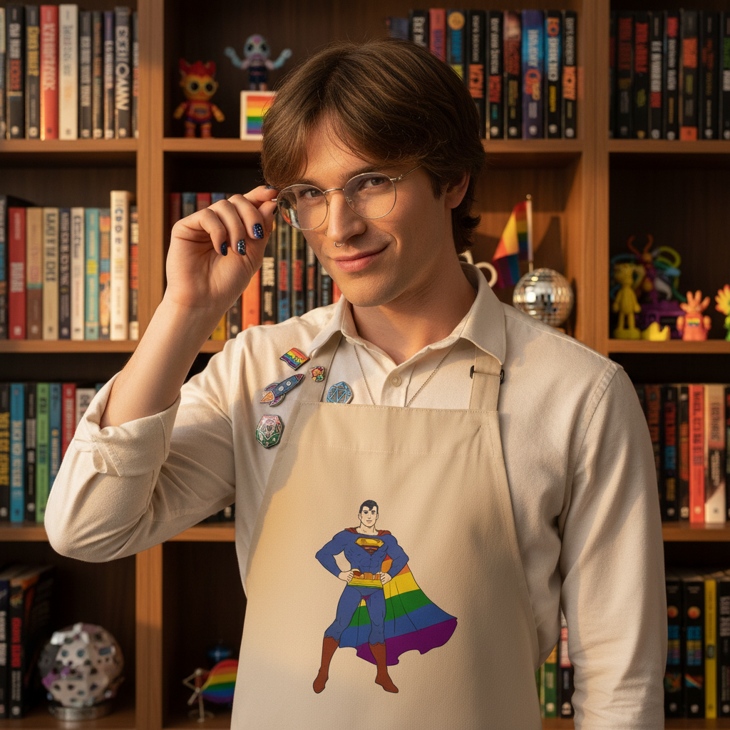 Young person in a Gay Geek Organic Cotton Apron with superhero graphic and rainbow cape, standing before a book-filled shelf adorned with geek-culture pins, embodying queer pride and self-expression.