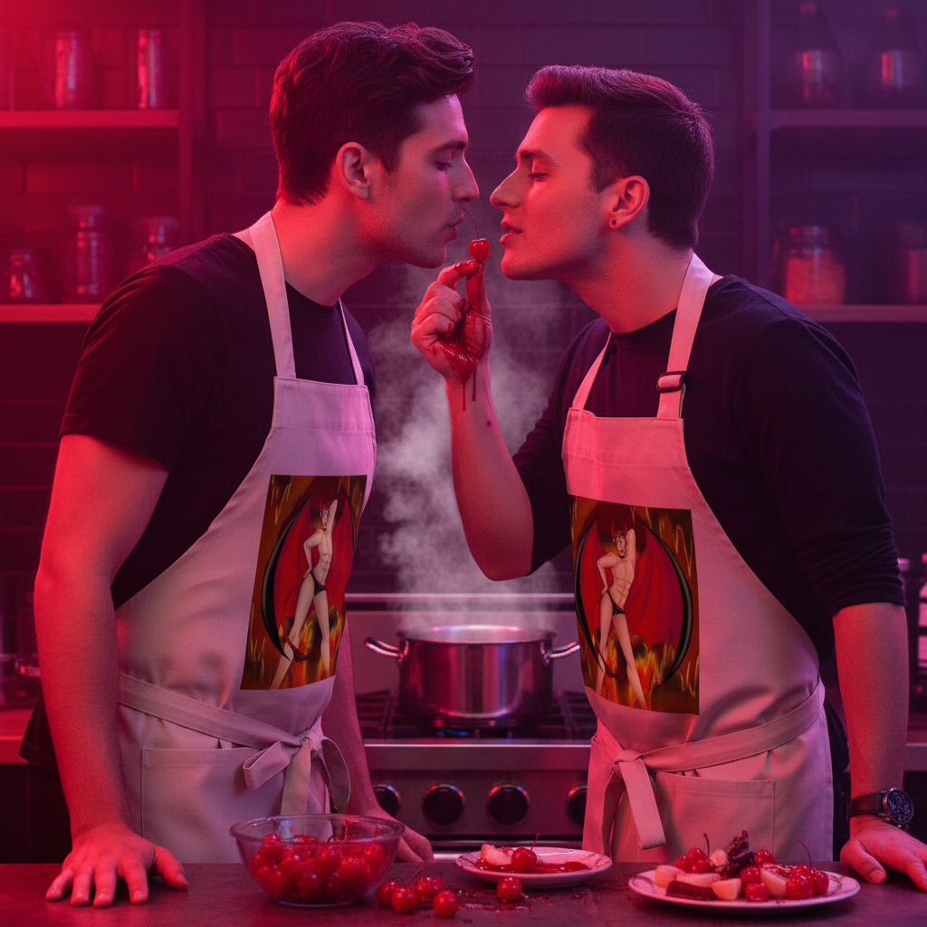 Two young men share an intimate moment in a kitchen, wearing The Demon Of Homosexuality Organic Cotton Aprons, featuring a playful devil print, embodying prideful self-expression and queer empowerment.