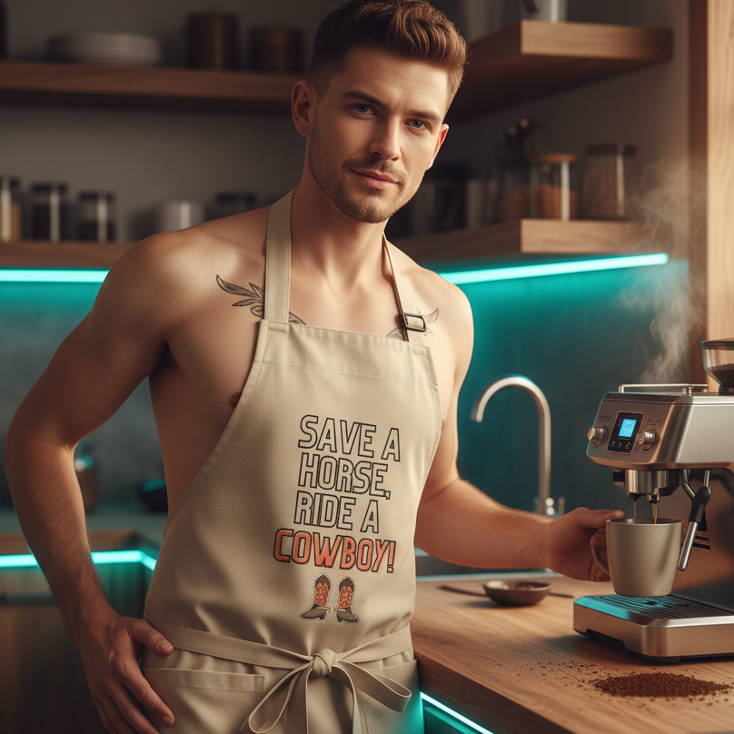 Young man in a modern kitchen wearing the Save A Horse, Ride A Cowboy organic cotton apron, showcasing LGBTQIA+ pride and self-expression while making espresso.