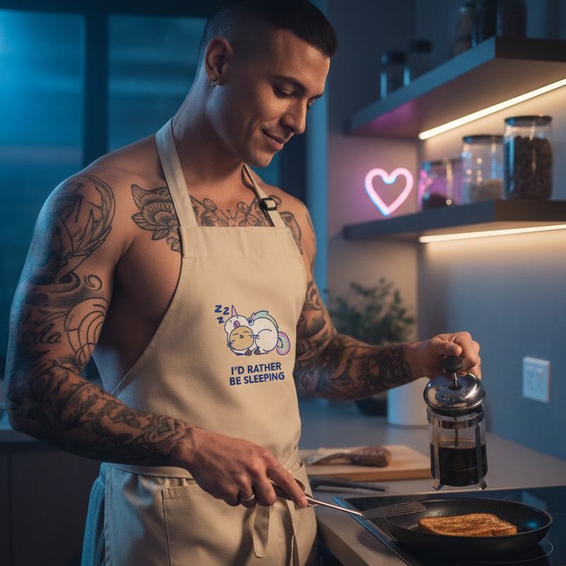 Man in modern kitchen wears I'd Rather Be Sleeping organic cotton apron with cartoon cat, holding French press and spatula, embodying sexy, prideful energy and queer self-expression.