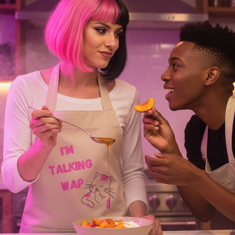 Two people joyfully prepare fruit in a kitchen, wearing stylish I'm Talking WAP! organic cotton aprons, symbolizing pride and self-expression. The aprons feature playful, empowering queer designs.