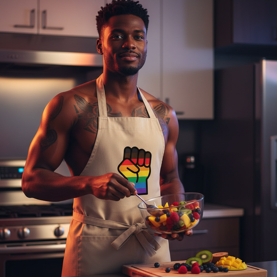 A muscular man in a modern kitchen wears a BLM LGBT Resist Organic Cotton Apron, showcasing a rainbow fist, while preparing a vibrant fruit salad, embodying prideful self-expression and empowerment.