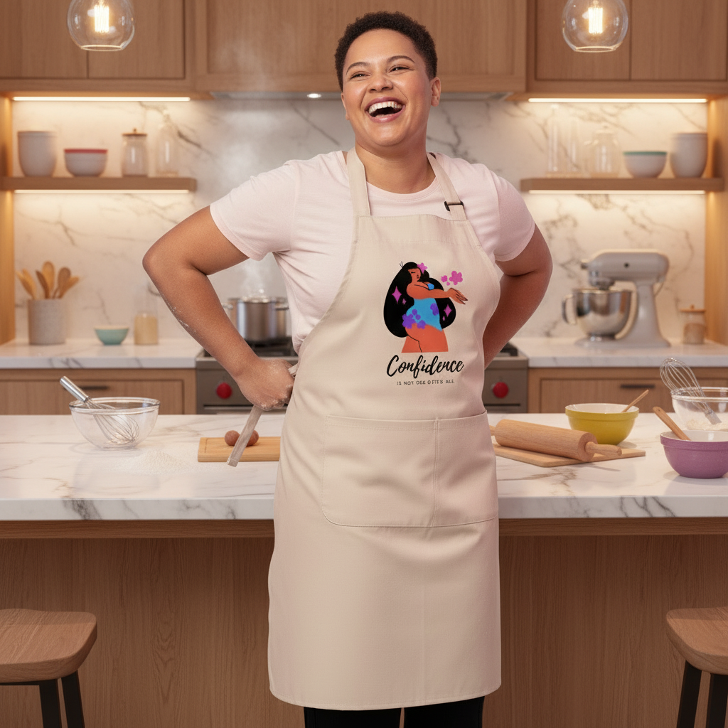 Person in a kitchen wearing the Body Confidence Organic Cotton Apron with a vibrant illustration and Confidence text, surrounded by baking tools, embodying pride and empowerment.