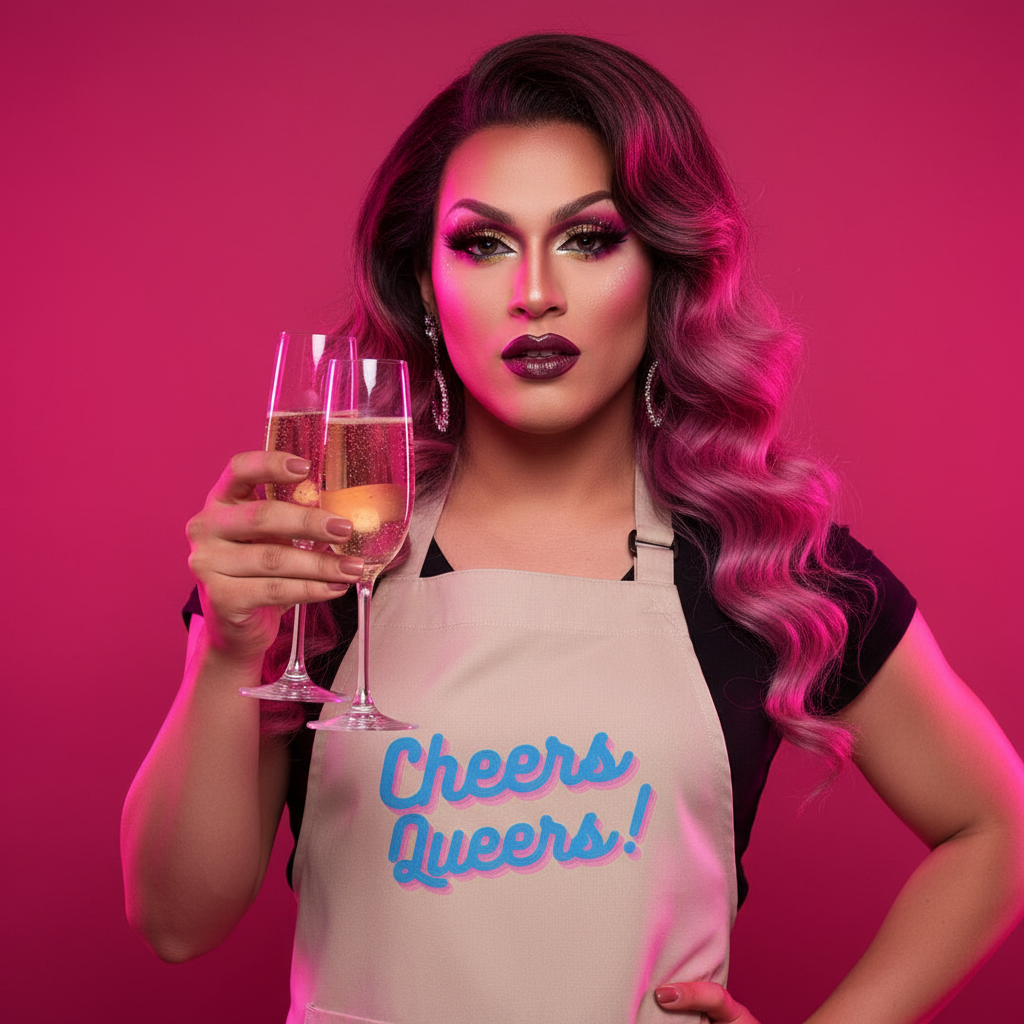 Person in vibrant drag makeup and pink-highlighted hair holds champagne flutes, wearing a Cheers Queers! apron over a black top, embodying queer pride and self-expression in style.