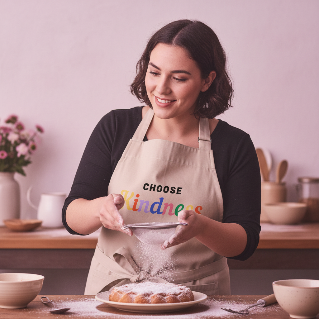 A person wearing the Choose Kindness Organic Cotton Apron dusts powdered sugar over a cake, embodying queer pride and empowerment in the kitchen with bold, inclusive style.