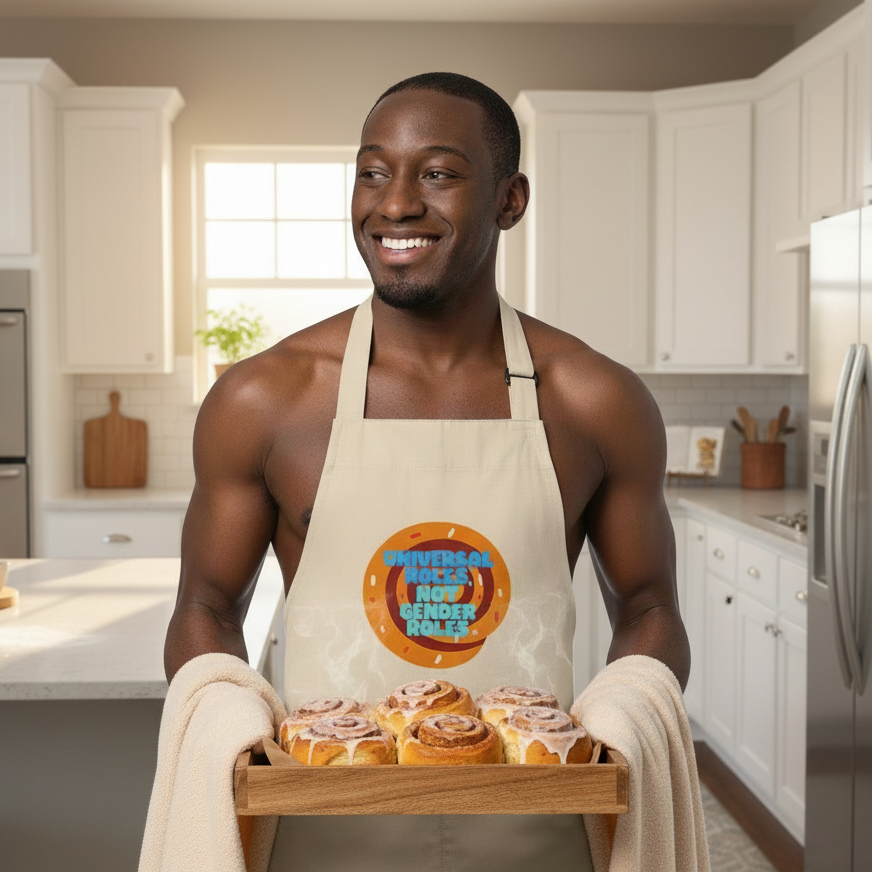 Organic cotton apron with “Cinnamon Rolls Not Gender Roles” design