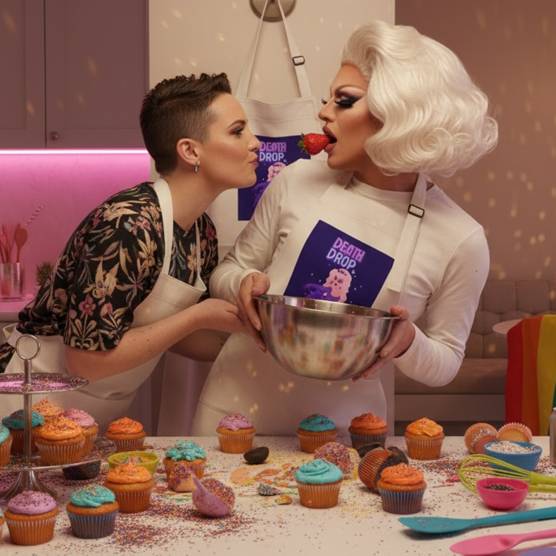 Two people decorate cupcakes in a vibrant kitchen while wearing Death Drop Organic Cotton Aprons, featuring a cartoon ghost design, celebrating LGBTQIA+ pride and self-expression through joyful, inclusive kitchen apparel.
