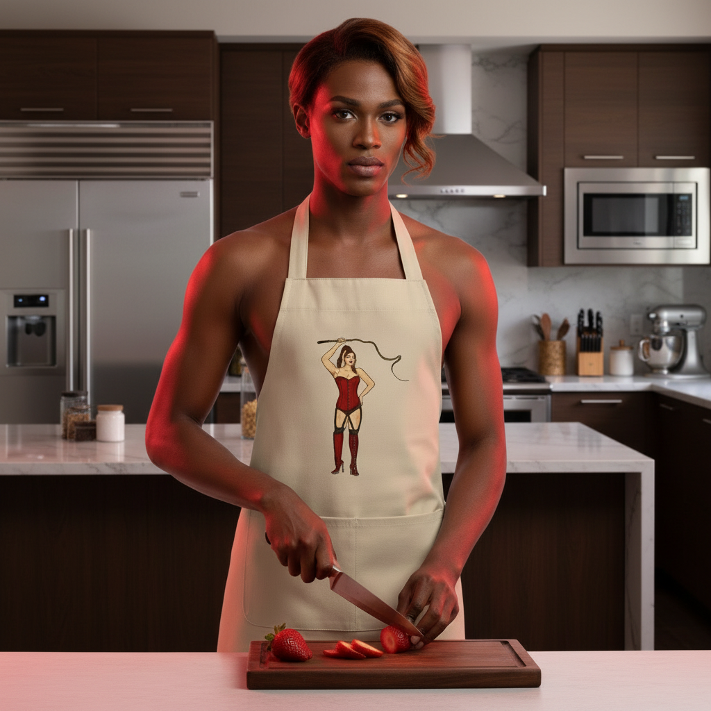 A person slices strawberries in a modern kitchen, wearing the Dominatrix Organic Cotton Apron with a vintage pinup graphic, embodying LGBTQIA+ pride and culinary confidence.