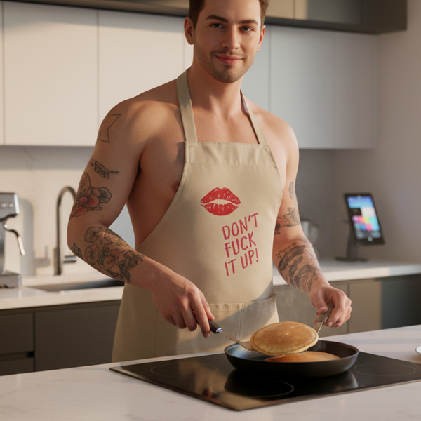 Tattooed person in a beige apron flips a pancake; red text reads “DON’T FUCK IT UP!”