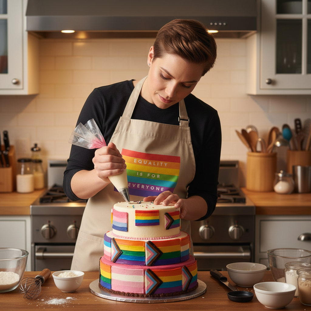 A person in a kitchen decorates a Pride-themed cake, wearing the Equality Is For Everyone organic cotton apron, showcasing bold, colorful stripes and chevrons. Baking tools are scattered on the countertop.