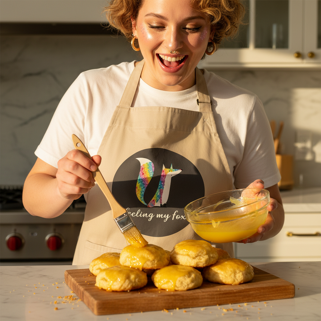 A person wearing the Feeling My Fox Organic Cotton Apron with a fox logo glazes baked goods in a bright kitchen, embodying queer pride and culinary confidence.