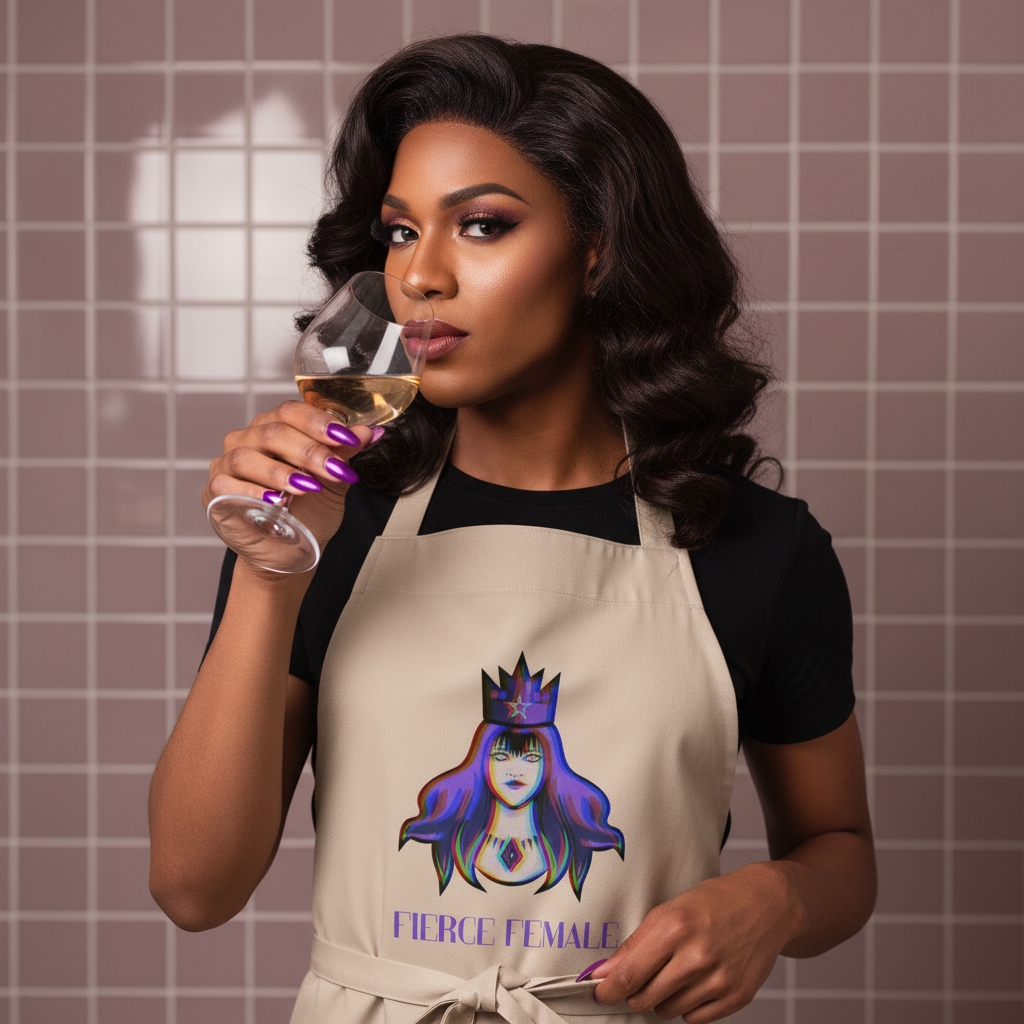 Fierce Female Organic Cotton Apron featuring a colorful crowned woman's illustration worn by a confident dark-skinned woman, embodying bold queer pride and empowerment, while holding a wine glass near her face.