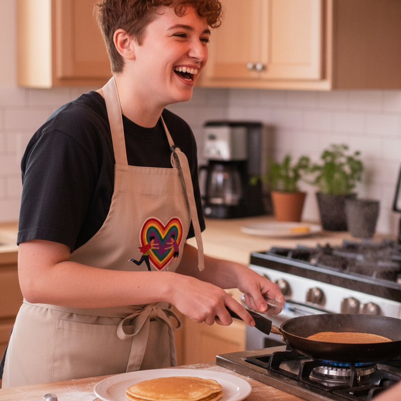 A person flips pancakes in a kitchen while wearing the Gay Couple Organic Cotton Apron, featuring a rainbow heart. The apron embodies queer pride and self-expression with style and confidence.
