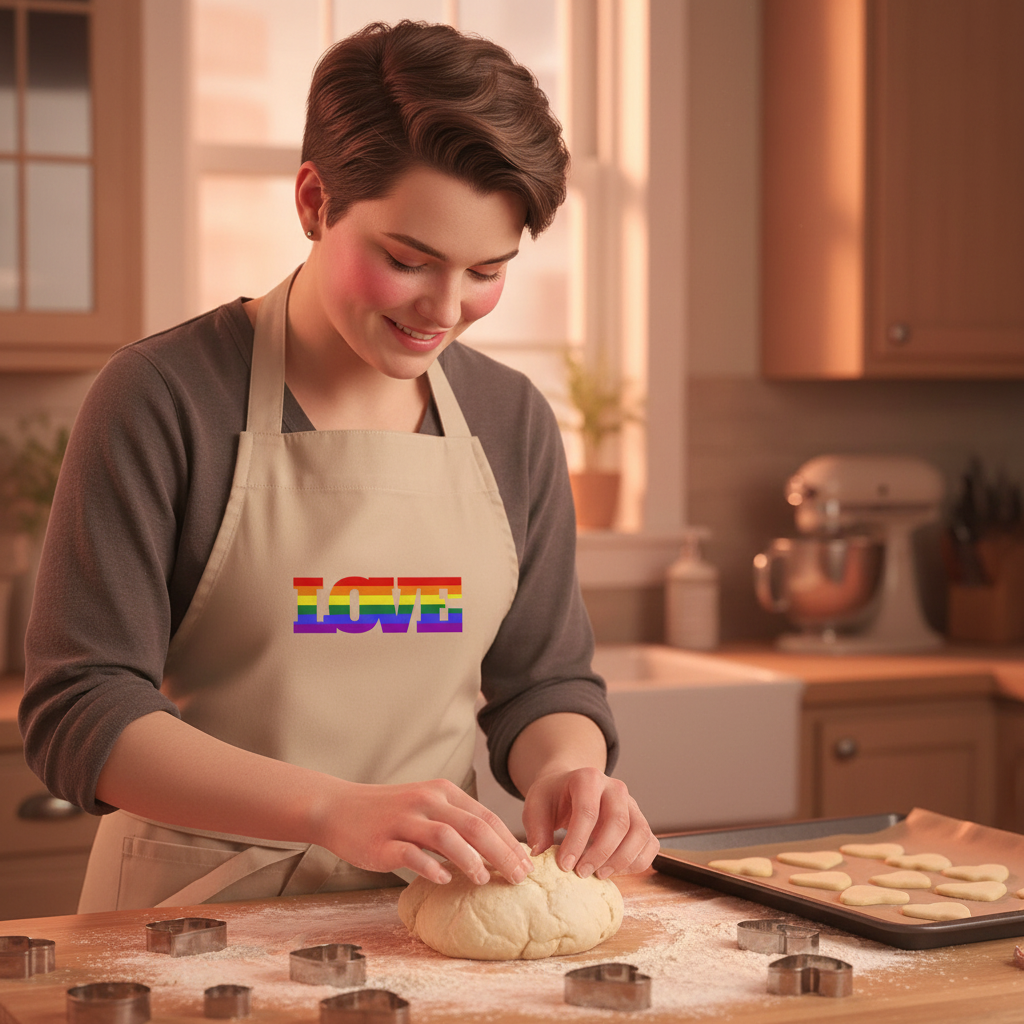 Person in Gay Love Organic Cotton Apron kneads dough; heart cookie cutters and baking sheet on flour-dusted counter. The apron, showcasing rainbow LOVE text, embodies LGBTQIA+ pride and self-expression.