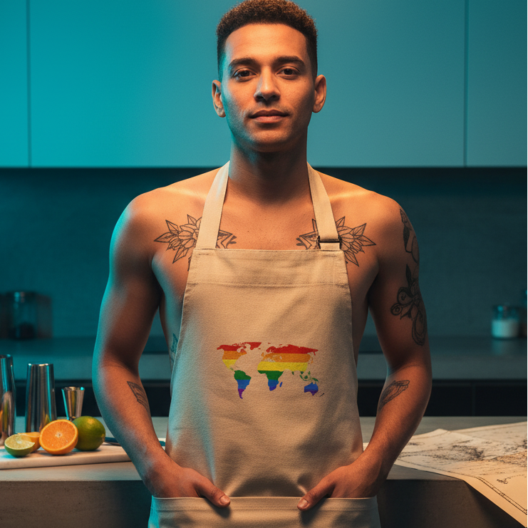 Young person in a kitchen wearing the Gay Map Organic Cotton Apron, featuring a rainbow-striped world map design, embodying LGBTQ pride and self-expression. Surrounded by citrus fruits and kitchen tools.