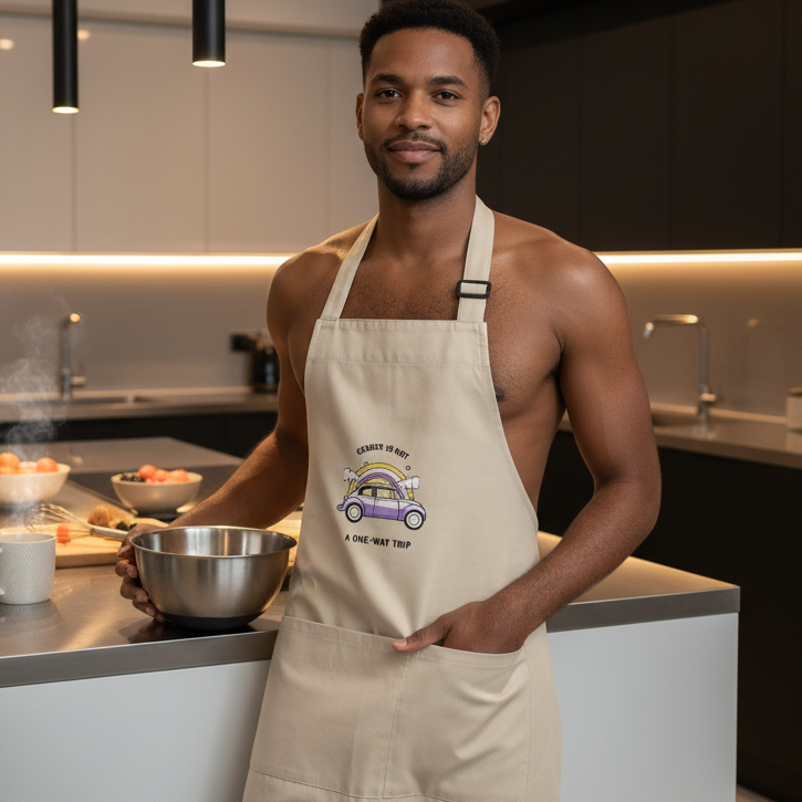 Young man in a kitchen wears the Gender Is Not A One-Way Trip Organic Cotton Apron, featuring a cartoon car and rainbow print, embodying queer pride and self-expression while holding a mixing bowl.