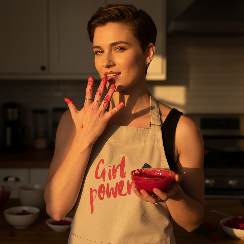 Young person tasting raspberry purée in a Girl Power Organic Cotton Apron, embodying queer pride and self-expression in the kitchen. The apron, with adjustable straps and a practical front pocket, enhances culinary confidence.