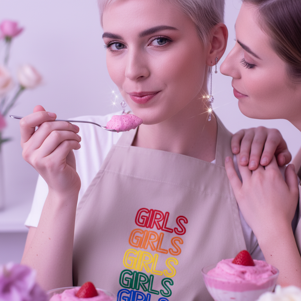 Two young women share a joyful moment over dessert, with one wearing the Girls Girls Girls Organic Cotton Apron, symbolizing queer pride and empowerment, enhancing their cooking experience with style and confidence.