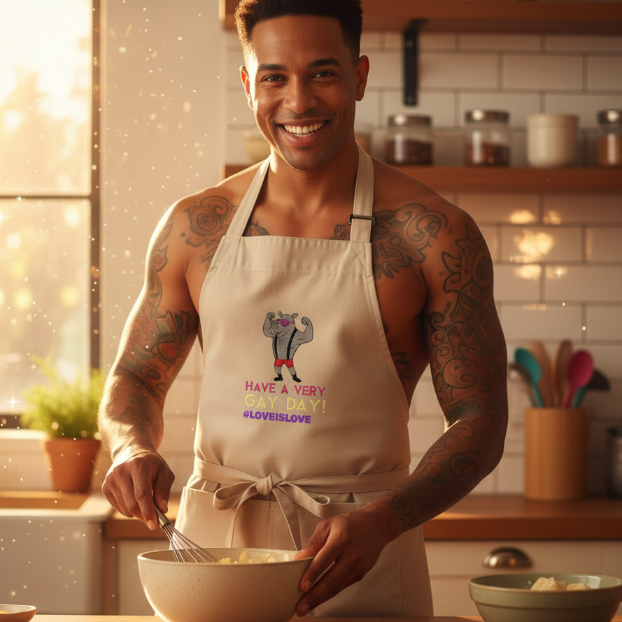 A muscular man whisking batter wears the Have A Very Gay Day! Organic Cotton Apron, featuring a cartoon figure and slogan, embodying queer pride and empowerment in the kitchen.