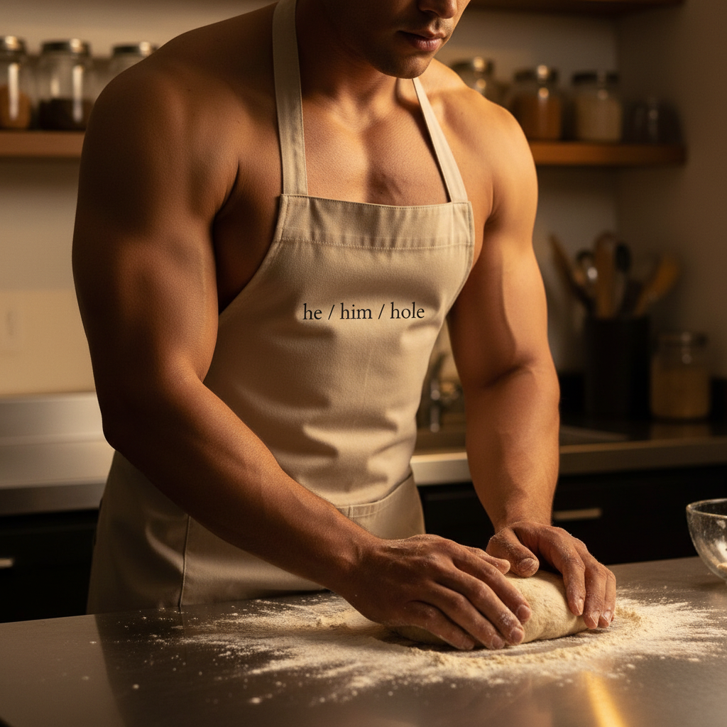 A person kneads dough at a floured counter wearing the He / Him / Hole Organic Cotton Apron, symbolizing pride and self-expression in a vibrant kitchen setting.