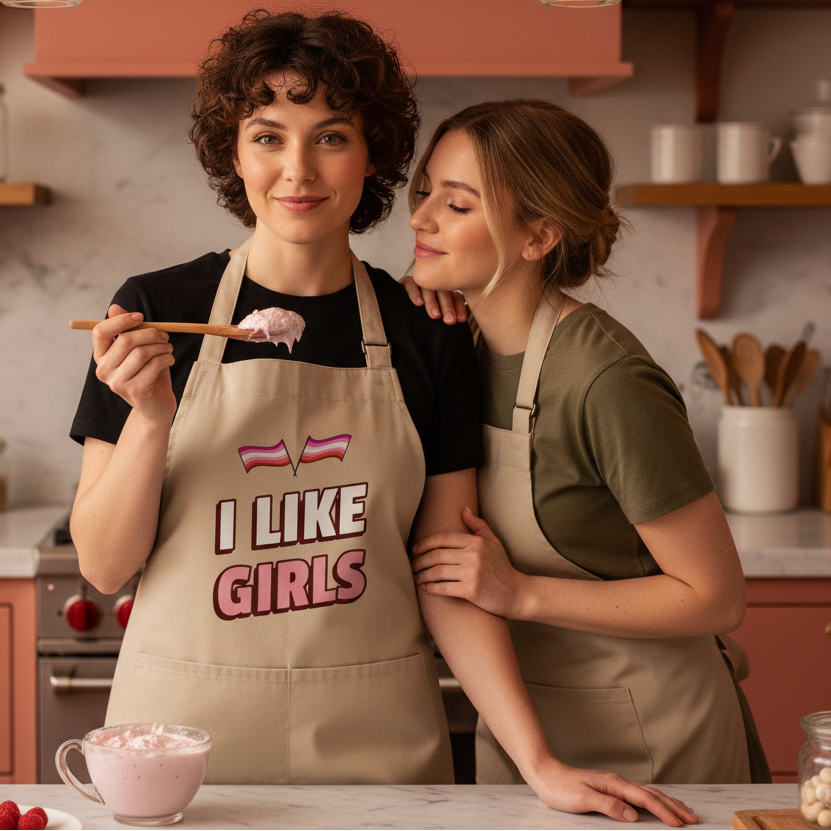 Two young women, beaming with pride, wear I Like Girls organic cotton aprons, embodying LGBTQIA+ empowerment and visibility in a warm kitchen setting, fostering self-expression and culinary confidence.