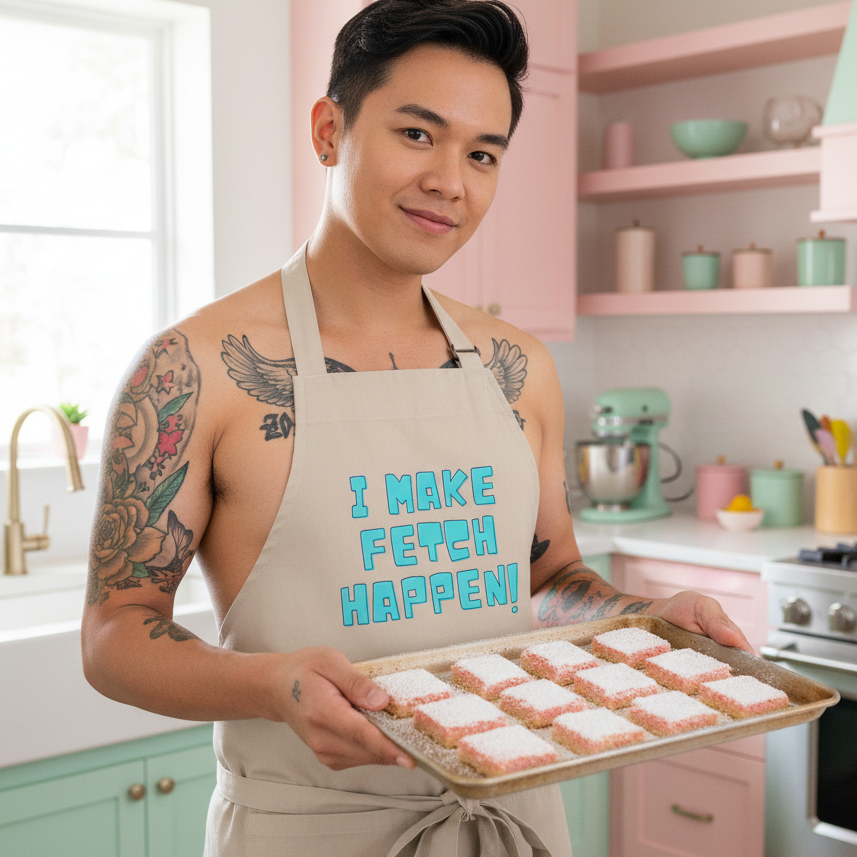 Young person in a I Make Fetch Happen! organic cotton apron, confidently holding pink-and-white frosted cookies in a pastel kitchen, exuding bold, sexy, and joyful queer energy.