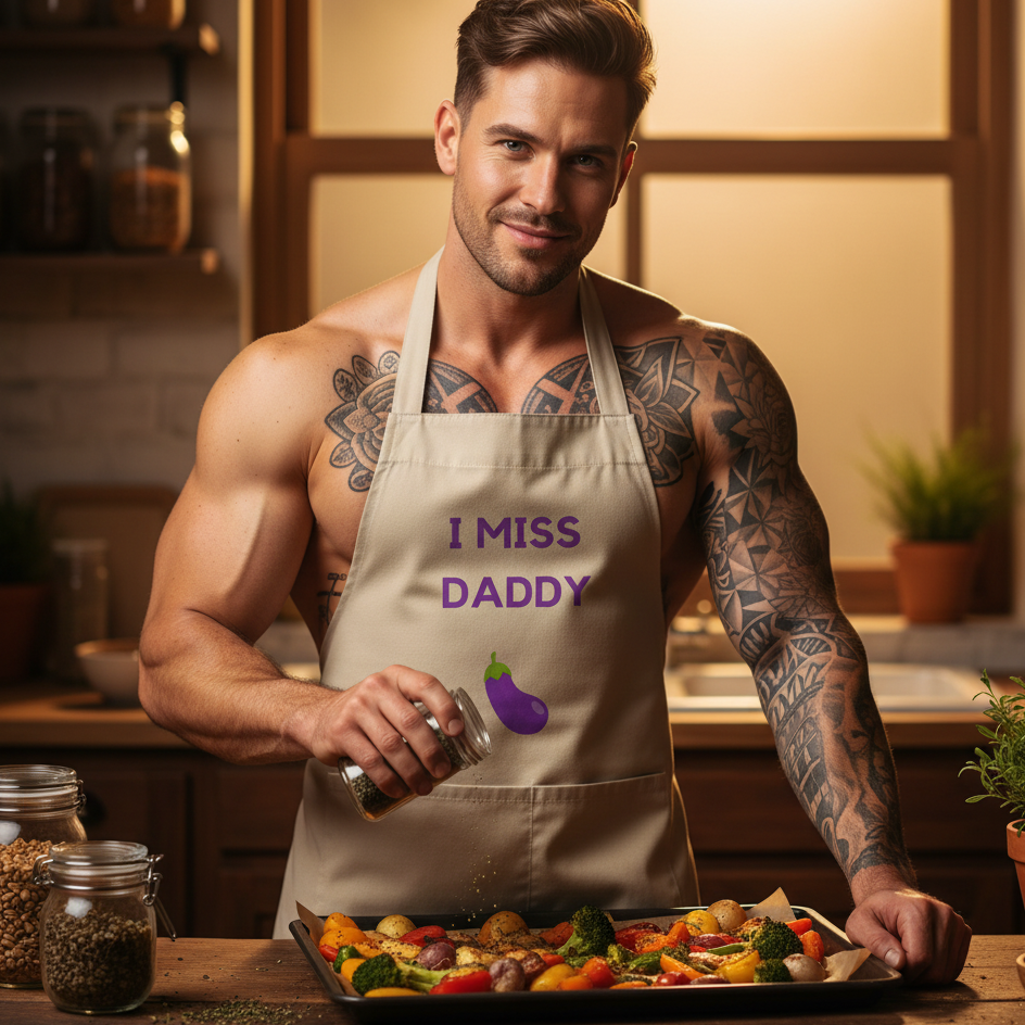 Muscular man in a tan I MISS DADDY organic cotton apron sprinkles herbs on roasted vegetables in a kitchen, embodying queer pride and empowerment through bold self-expression.