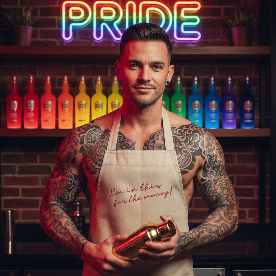 Tattooed bartender in I'm In This For The Money Organic Cotton Apron, holding a gold cocktail shaker, with prideful rainbow-lit bottles and neon PRIDE sign, embodying queer self-expression.