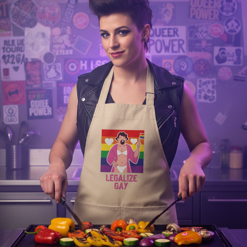 Person wearing Legalize Gay Organic Cotton Apron with rainbow design, cooking vegetables on a griddle. Apron showcases queer pride, blending style and functionality for an empowering, expressive cooking experience.