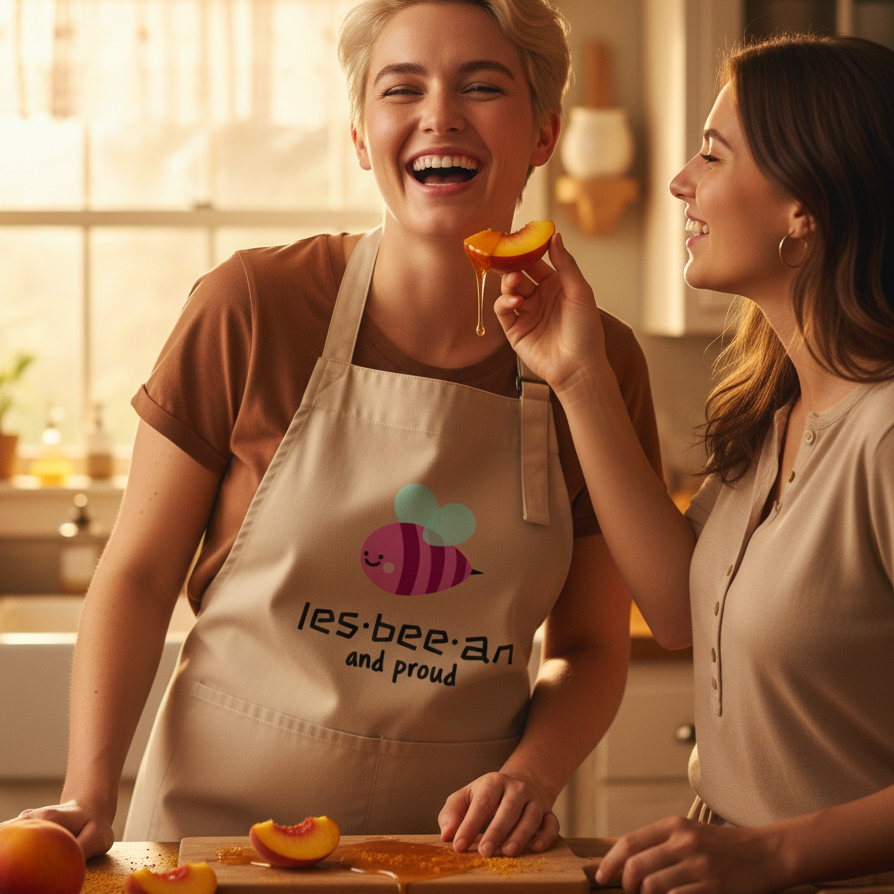 Two women in a cozy kitchen, one wearing the Les-Bee-An And Proud Organic Cotton Apron, sharing laughter while the other offers a honey-dripping peach slice. A joyful scene of queer pride and self-expression.