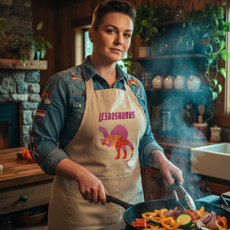 Person stirring vegetables in a skillet, wearing a Lesbosaurus Organic Cotton Apron with a rainbow dinosaur graphic, embodying pride and empowerment in a cozy kitchen setting.