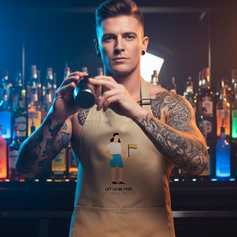 Tattooed bartender shakes cocktail behind bar, wearing Let Us Be Free Let Us Be Proud organic cotton apron, featuring rainbow flag illustration. Celebrates queer pride with style and self-expression.