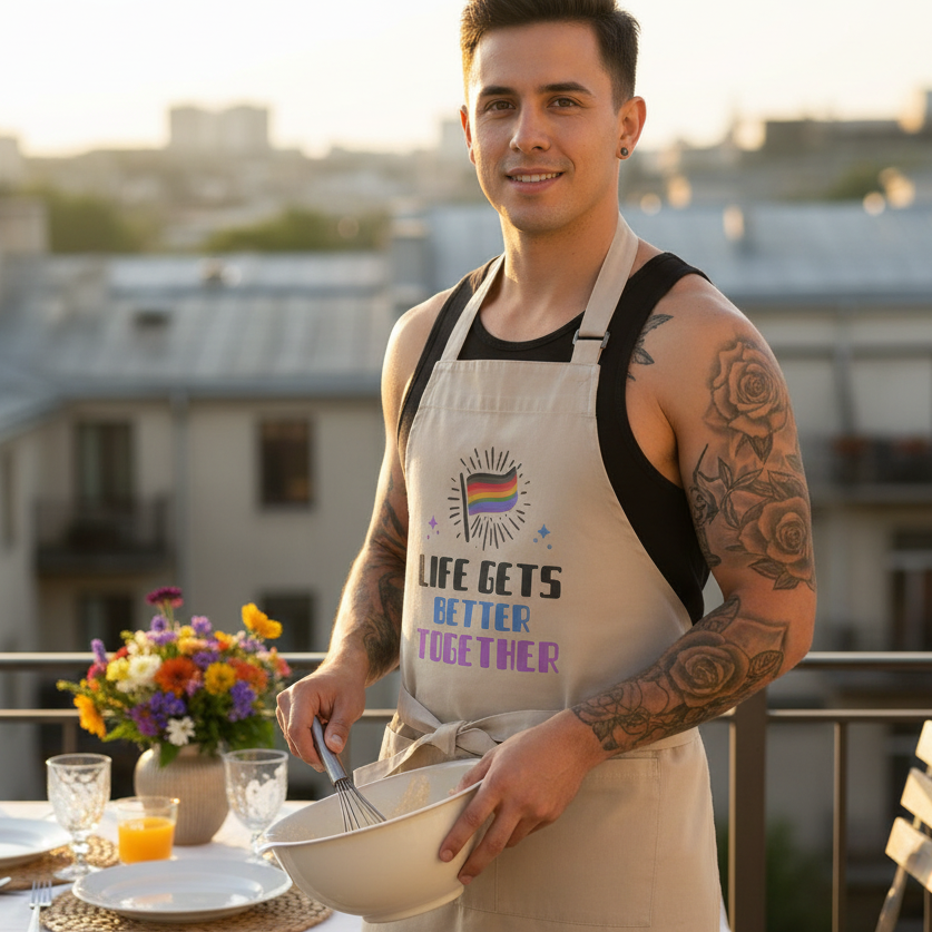 Young man on a rooftop wearing the Life Gets Better Together Organic Cotton Apron, whisking ingredients. The apron features a rainbow heart icon, symbolizing LGBTQIA+ pride and self-expression.