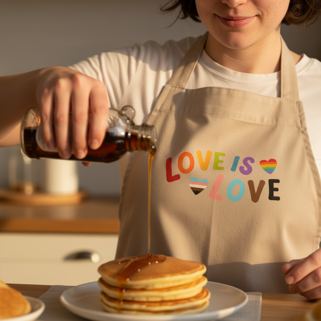 Person pours syrup on pancakes wearing Love Is Love Organic Cotton Apron, celebrating LGBTQIA+ pride with rainbow hearts. Cozy kitchen scene embodies empowerment, self-expression, and joyful queer energy.