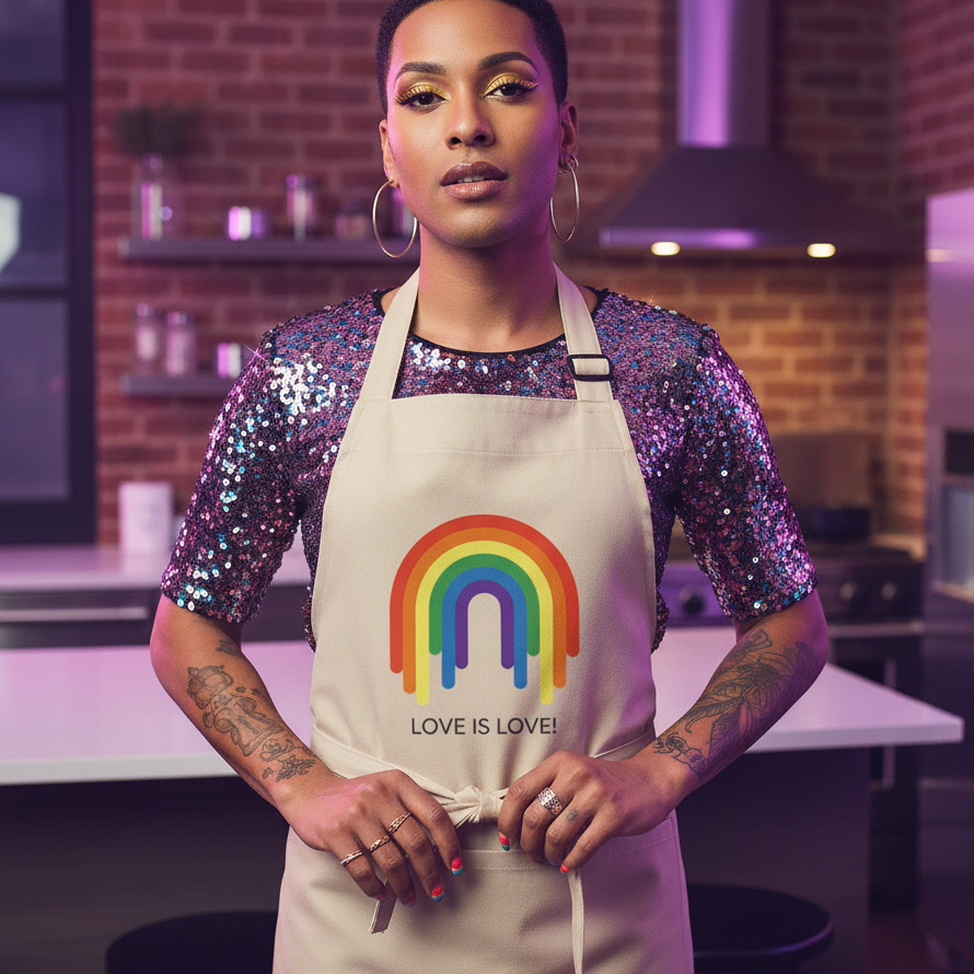 Person in modern kitchen wearing a Love Is Love Rainbow Organic Cotton Apron over a sparkly top, embodying LGBTQIA+ pride with bold accessories, tattoos, and a confident, expressive stance.