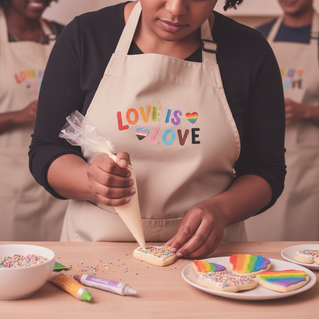 Person decorates cookies while wearing the Love is Love LGBTQ Organic Cotton Apron, featuring pride-rainbow hearts and lettering. Nearby, sprinkles, icing pens, and colorful heart cookies embody queer joy and self-expression.