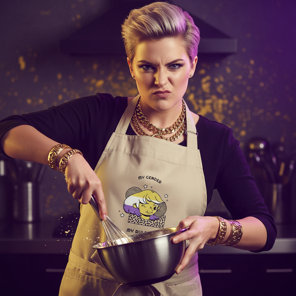 Person whisking in a kitchen, wearing a My Gender, My Rules Organic Cotton Apron with cartoon head and slogan, symbolizing LGBTQIA+ pride and self-expression, accessorized with chunky jewelry.
